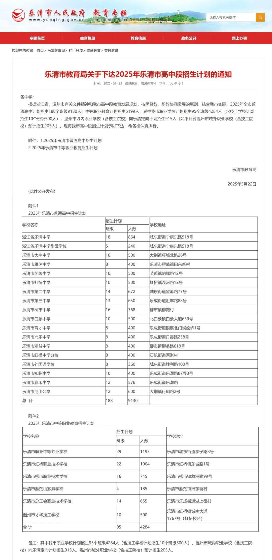 乐清市教育局关于下达2025年乐清市高中段招生计划的通知【才华技校招生代码29320】